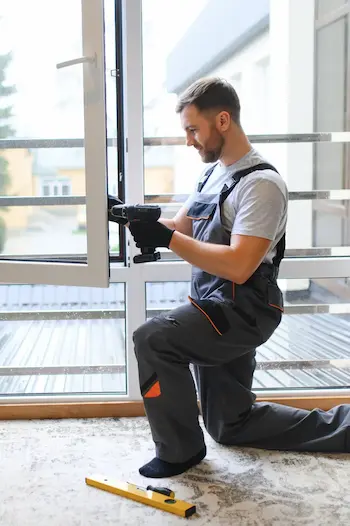 installateur de fenêtre asap fermeture aubagne verticale Homme installe une fenêtre moderne dans une maison.