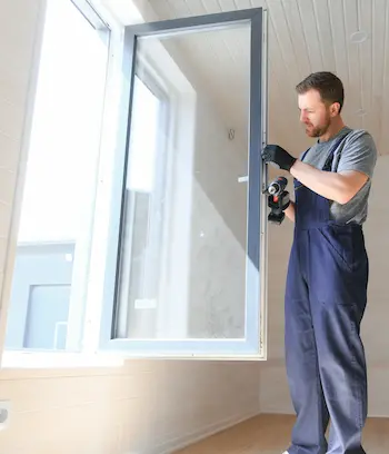 installation de fenêtres alu bois pvc asap fermetures 350 Homme ajustant une fenêtre avec un outil.