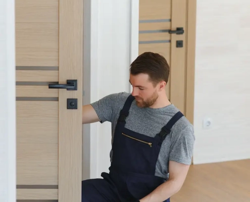installation de portes asap aubagne Homme ajuste une porte intérieure en bois.