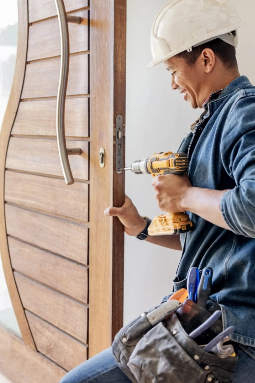 installation porte entree Homme installe une serrure avec une perceuse.