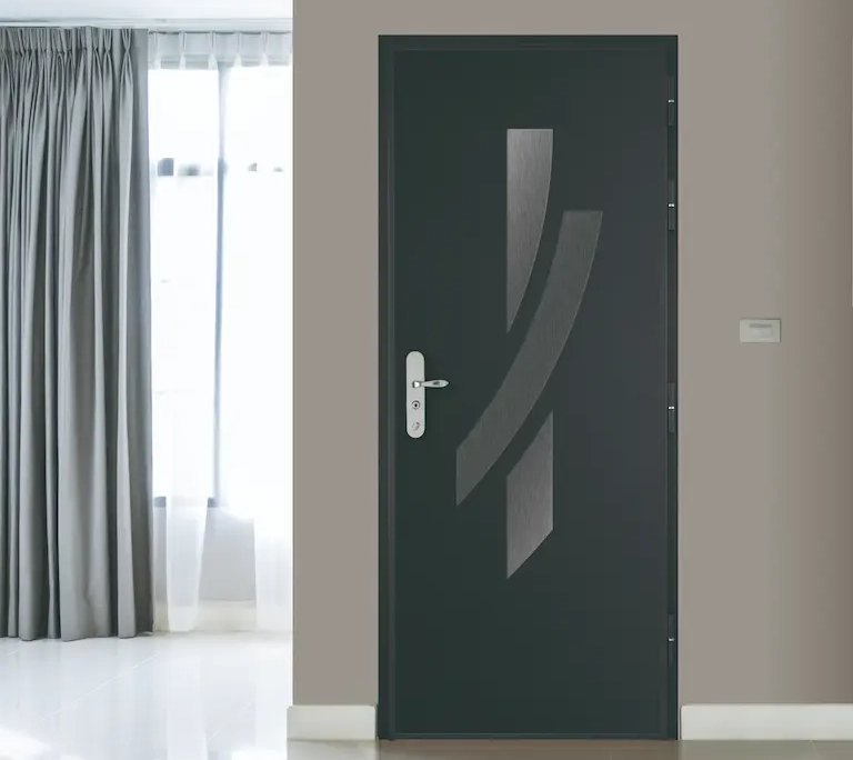 vue d'une porte d'entrée fermée dans un salon lumineux