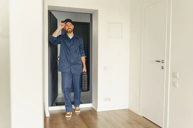 technicien reparation volet roulant un homme habillé en technicien entre dans un appartement