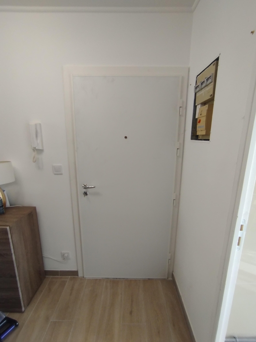 Entrée avec porte blanche et sol en bois