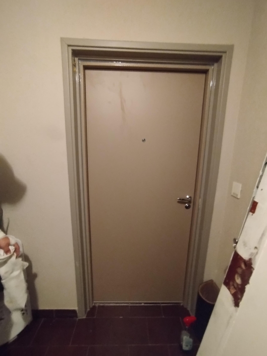 Porte d'entrée marron avec poignée métallique.