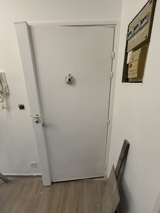 Porte d'entrée blanche avec tableau électrique visible.